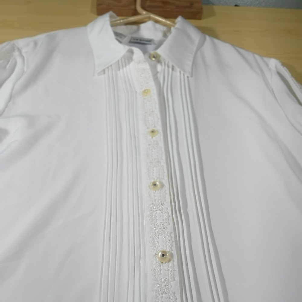 Liz Baker Blouse, Woman, Size 14, White, Lace Pintuck Button Down Top